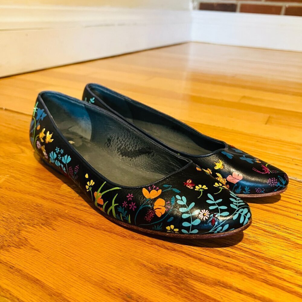 CAMPER TWS Leather Ballet Flats Shoes Flowers Embroidered Insects Ladies Euro 38